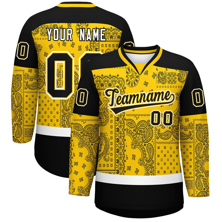 Custom Black Gold White Cashew Flower Graffiti Pattern V-Neck Hockey Jersey | BuyFootballJersey