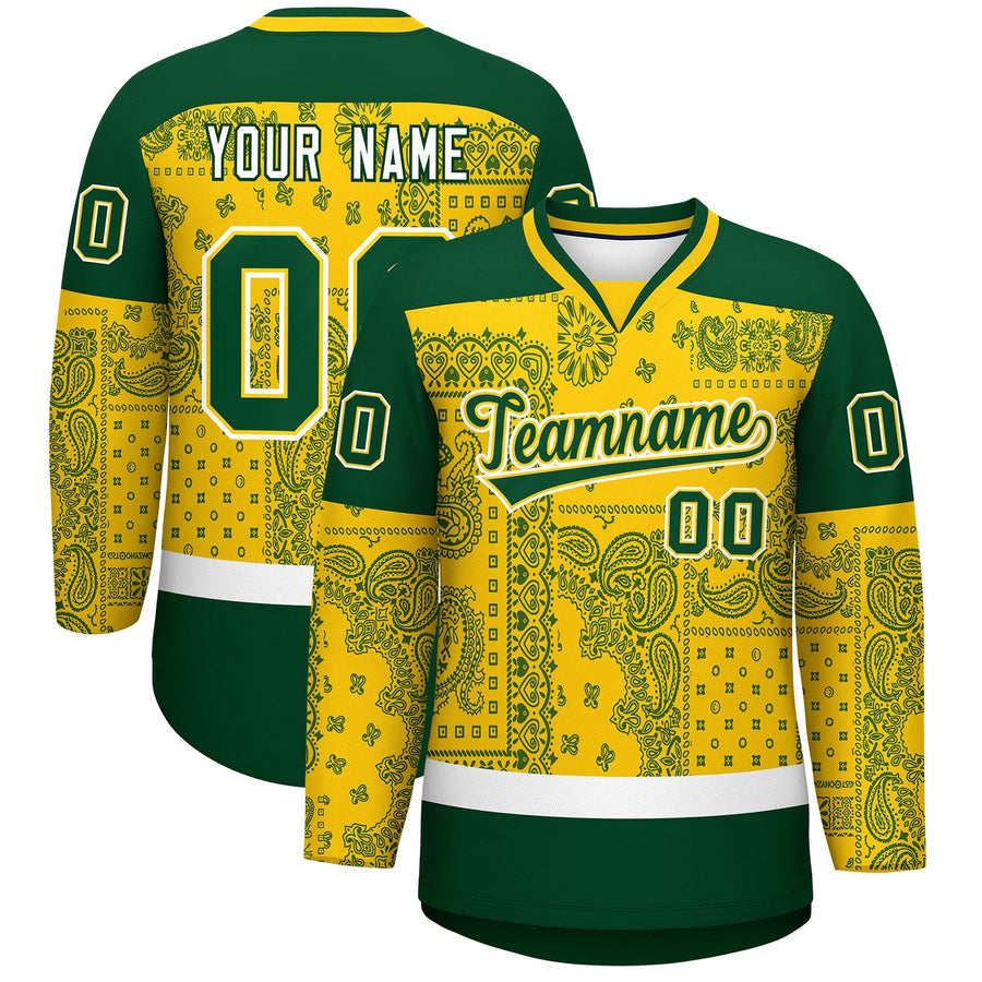 Custom Gold Green White Cashew Flower Graffiti Pattern V-Neck Hockey Jersey | BuyFootballJersey