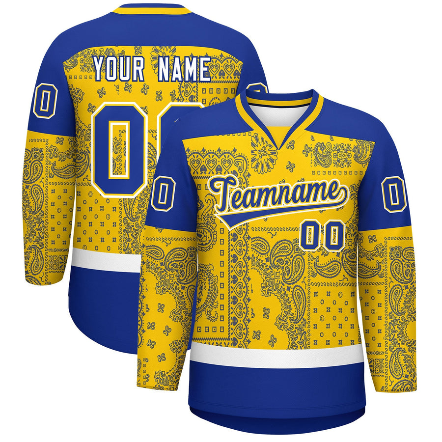 Custom Royal Gold White Cashew Flower Graffiti Pattern V-Neck Hockey Jersey | BuyFootballJersey