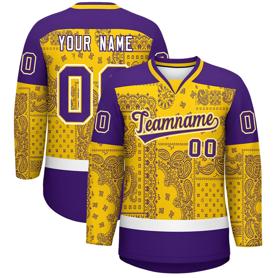 Custom Purple Gold White Cashew Flower Graffiti Pattern V-Neck Hockey Jersey | BuyFootballJersey