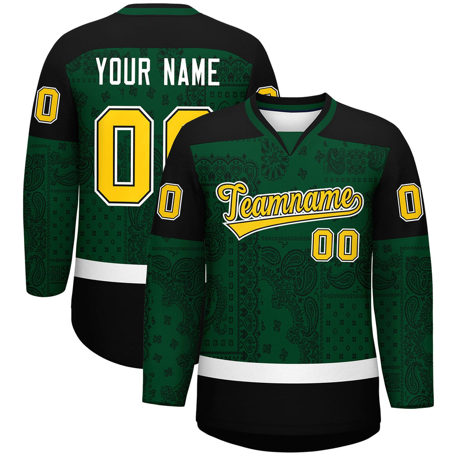 Custom Green Black White Cashew Flower Graffiti Pattern V-Neck Hockey Jersey | BuyFootballJersey