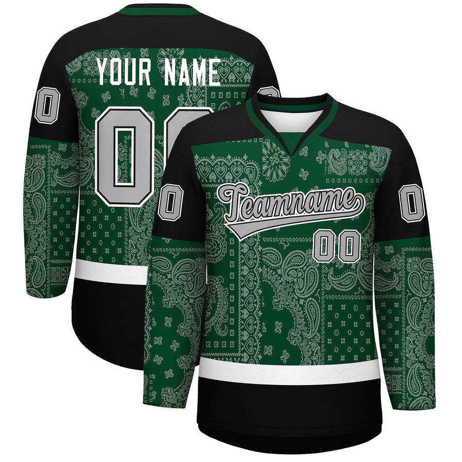Custom Black Green White Cashew Flower Graffiti Pattern V-Neck Hockey Jersey | BuyFootballJersey
