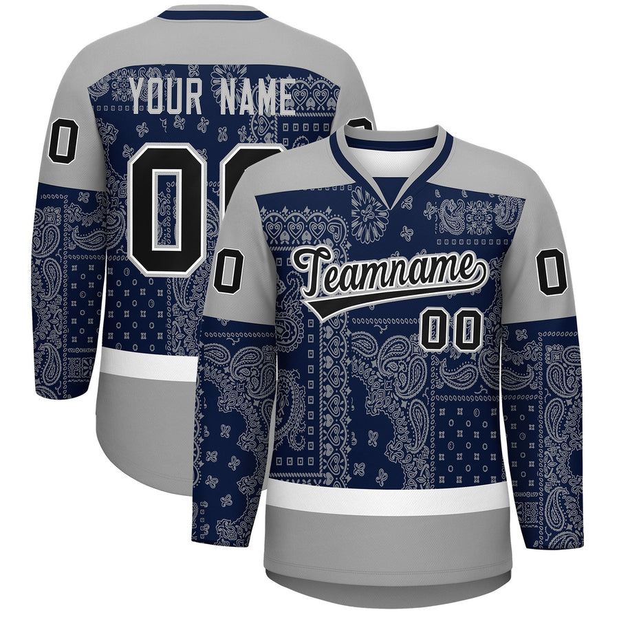 Custom Gray Navy White Cashew Flower Graffiti Pattern V-Neck Hockey Jersey | BuyFootballJersey