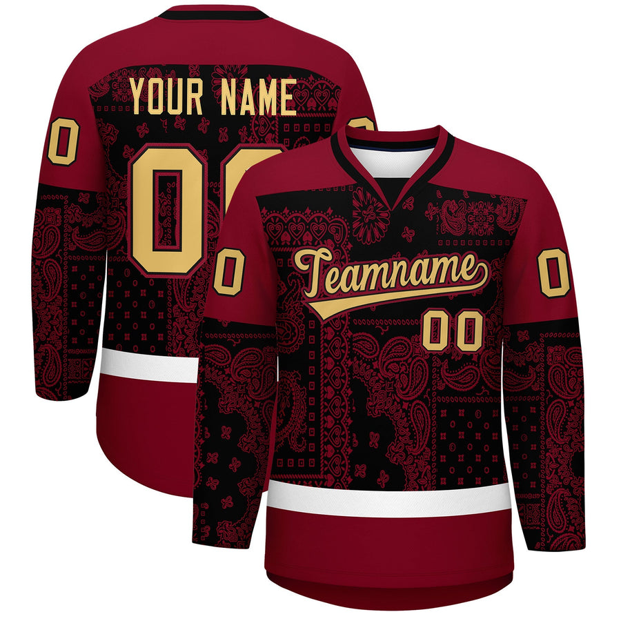 Custom Crimson Black White Cashew Flower Graffiti Pattern V-Neck Hockey Jersey | BuyFootballJersey