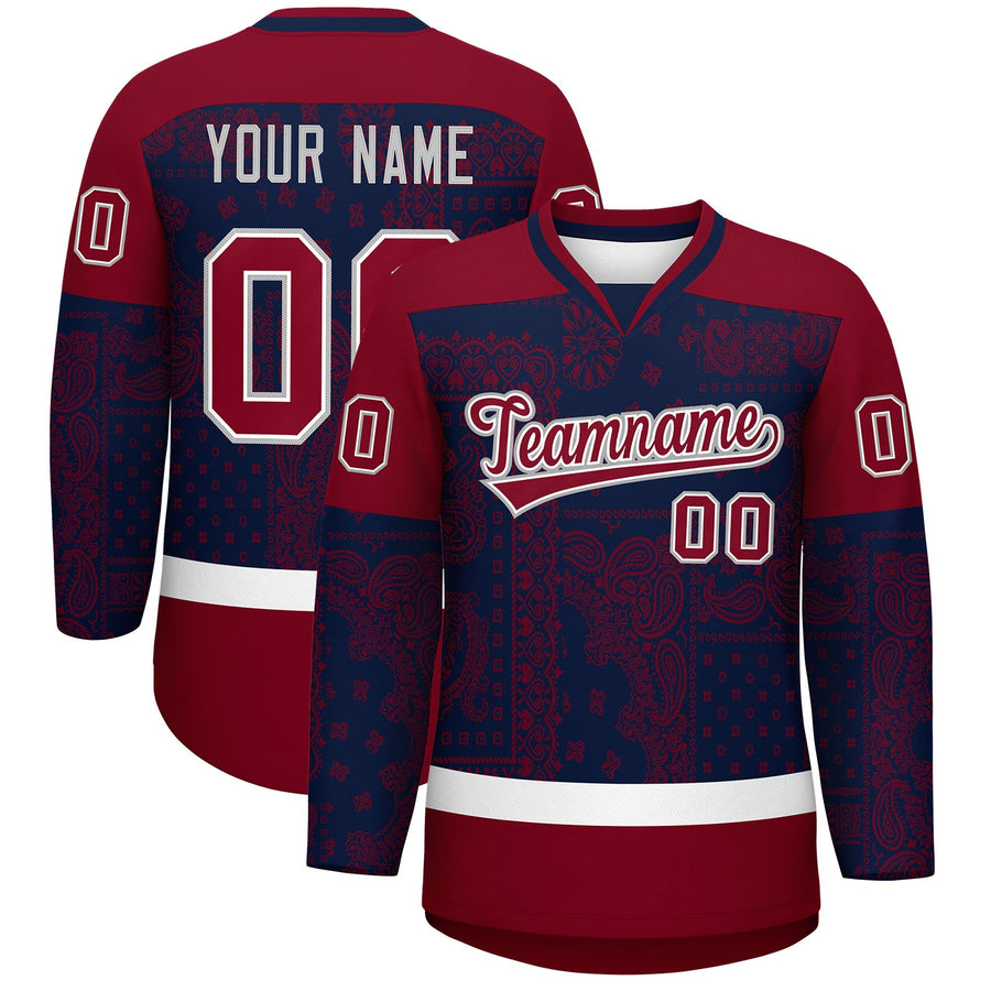 Custom Crimson Navy White Cashew Flower Graffiti Pattern V-Neck Hockey Jersey | BuyFootballJersey