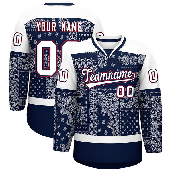 Custom White Navy Crimson Cashew Flower Graffiti Pattern V-Neck Hockey Jersey | BuyFootballJersey