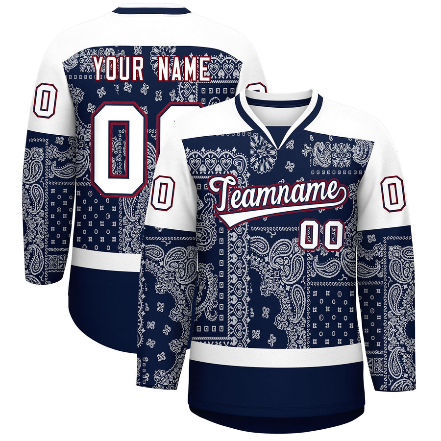 Custom White Navy Crimson Cashew Flower Graffiti Pattern V-Neck Hockey Jersey | BuyFootballJersey