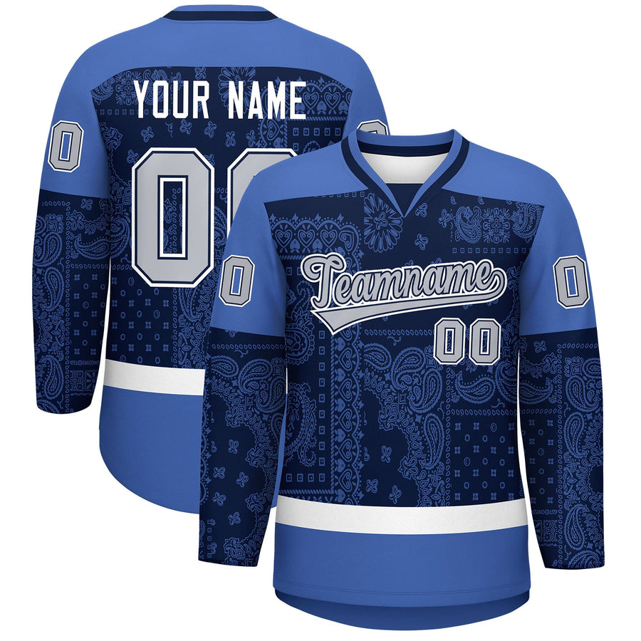 Custom Blue Navy White Cashew Flower Graffiti Pattern V-Neck Hockey Jersey | BuyFootballJersey