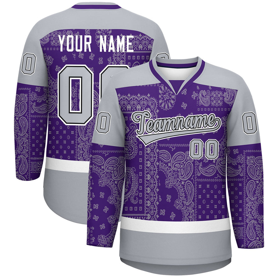 Custom Gray Purple White Cashew Flower Graffiti Pattern V-Neck Hockey Jersey | BuyFootballJersey