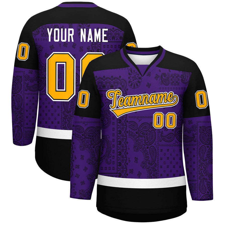 Custom Black Purple White Cashew Flower Graffiti Pattern V-Neck Hockey Jersey | BuyFootballJersey