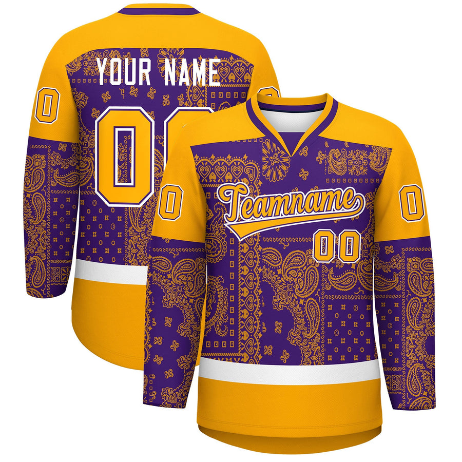 Custom Yellow Purple White Cashew Flower Graffiti Pattern V-Neck Hockey Jersey | BuyFootballJersey