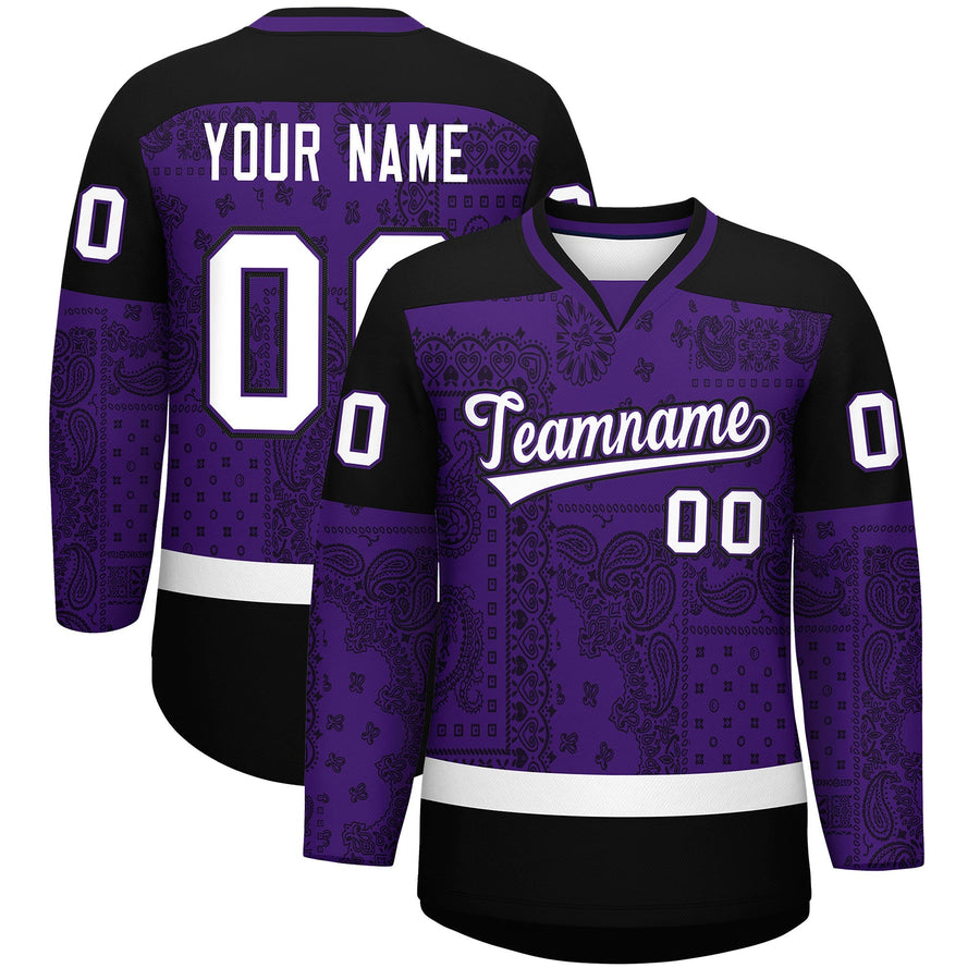 Custom Black White Purple Cashew Flower Graffiti Pattern V-Neck Hockey Jersey | BuyFootballJersey