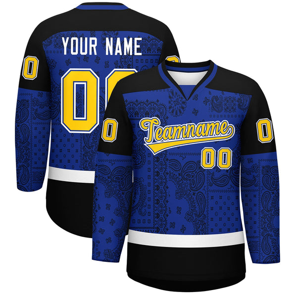 Custom Black Royal White Cashew Flower Graffiti Pattern V-Neck Hockey Jersey | BuyFootballJersey