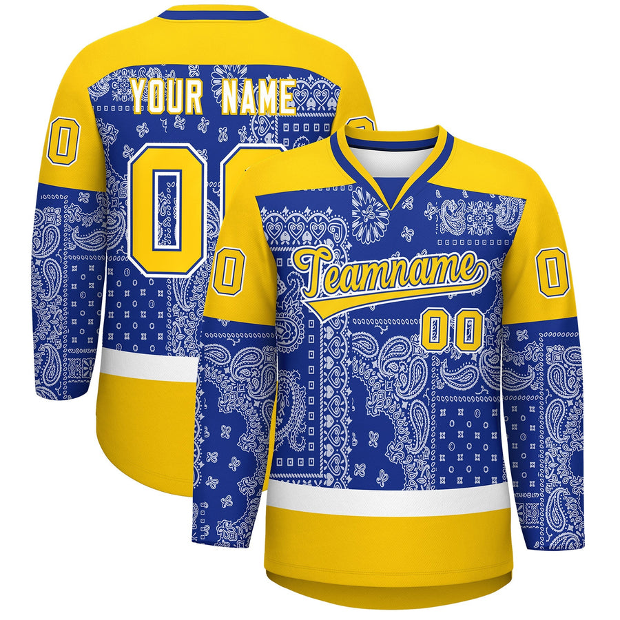 Custom Gold Royal White Cashew Flower Graffiti Pattern V-Neck Hockey Jersey | BuyFootballJersey