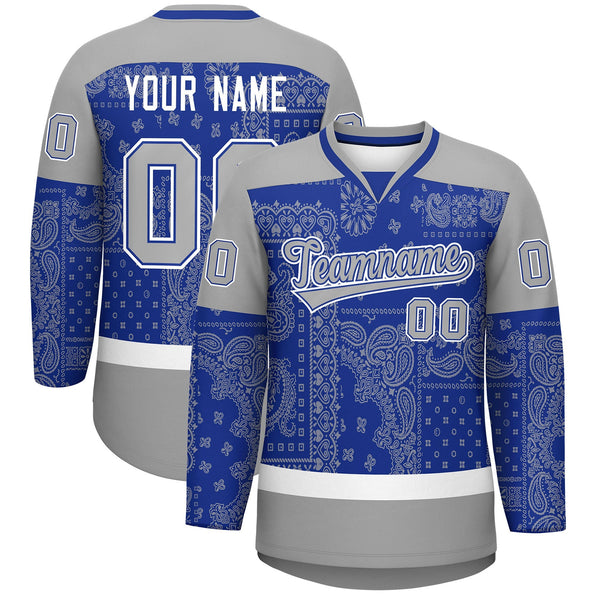 Custom Gray Royal White Cashew Flower Graffiti Pattern V-Neck Hockey Jersey | BuyFootballJersey