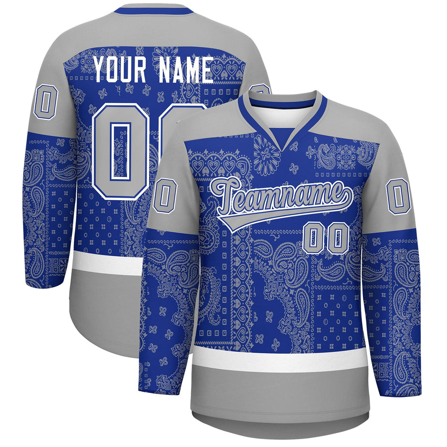 Custom Gray Royal White Cashew Flower Graffiti Pattern V-Neck Hockey Jersey | BuyFootballJersey