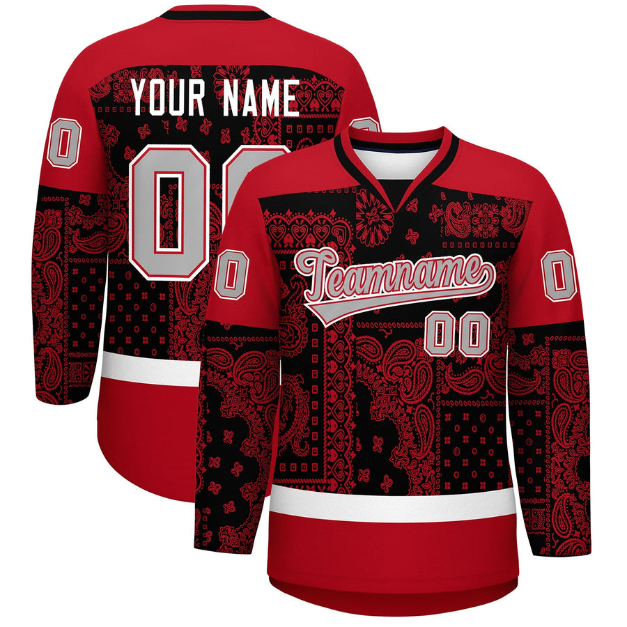 Custom Red Black White Cashew Flower Graffiti Pattern V-Neck Hockey Jersey | BuyFootballJersey