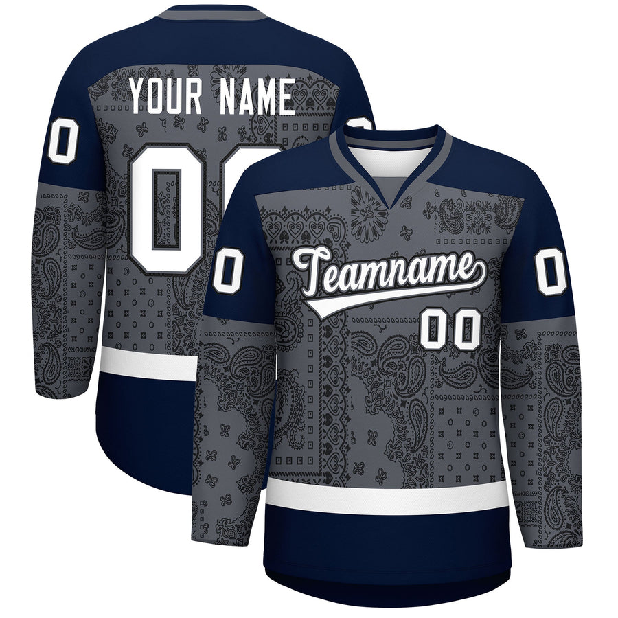 Custom Black Dark Gray White Cashew Flower Graffiti Pattern V-Neck Hockey Jersey | BuyFootballJersey