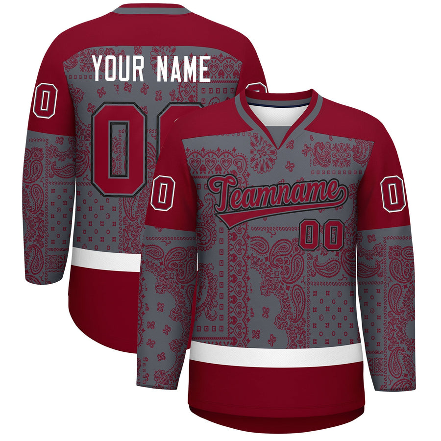 Custom Red Dark Gray White Cashew Flower Graffiti Pattern V-Neck Hockey Jersey | BuyFootballJersey
