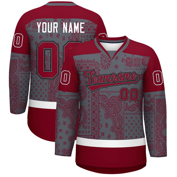 Custom Red Dark Gray White Cashew Flower Graffiti Pattern V-Neck Hockey Jersey | BuyFootballJersey