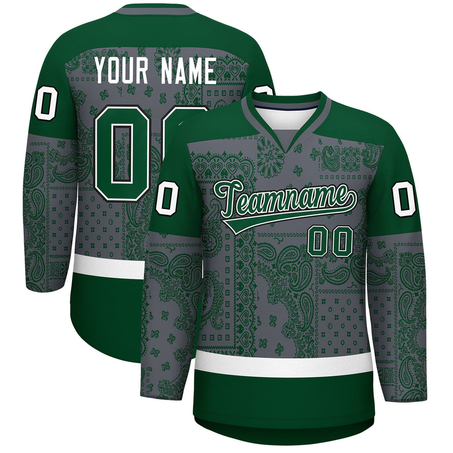Custom Green Dark Gray White Cashew Flower Graffiti Pattern V-Neck Hockey Jersey | BuyFootballJersey
