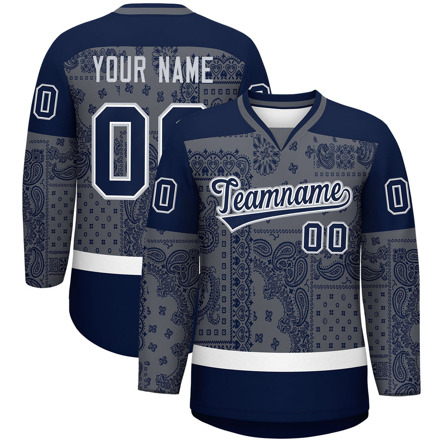 Custom Navy Dark Gray White Cashew Flower Graffiti Pattern V-Neck Hockey Jersey | BuyFootballJersey