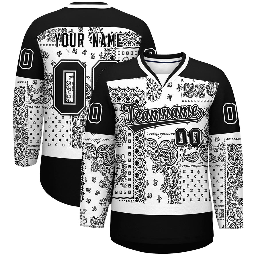 Custom Black White Cashew Flower Graffiti Pattern V-Neck Hockey Jersey | BuyFootballJersey