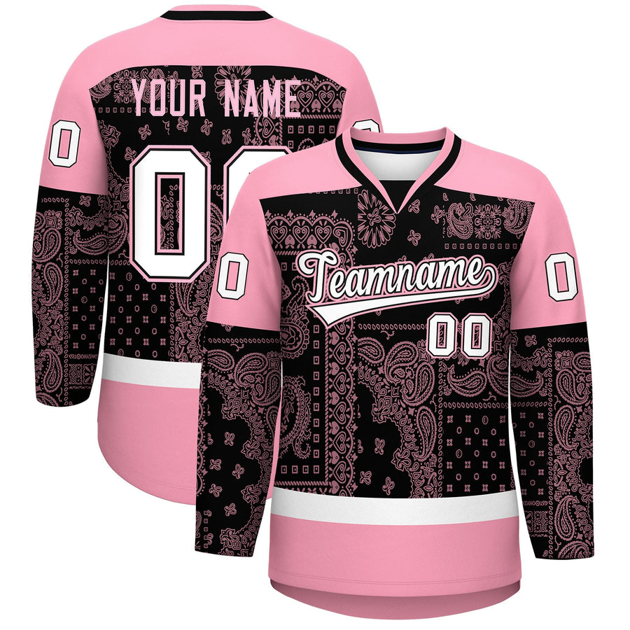 Custom Light Pink Black White Cashew Flower Graffiti Pattern V-Neck Hockey Jersey | BuyFootballJersey