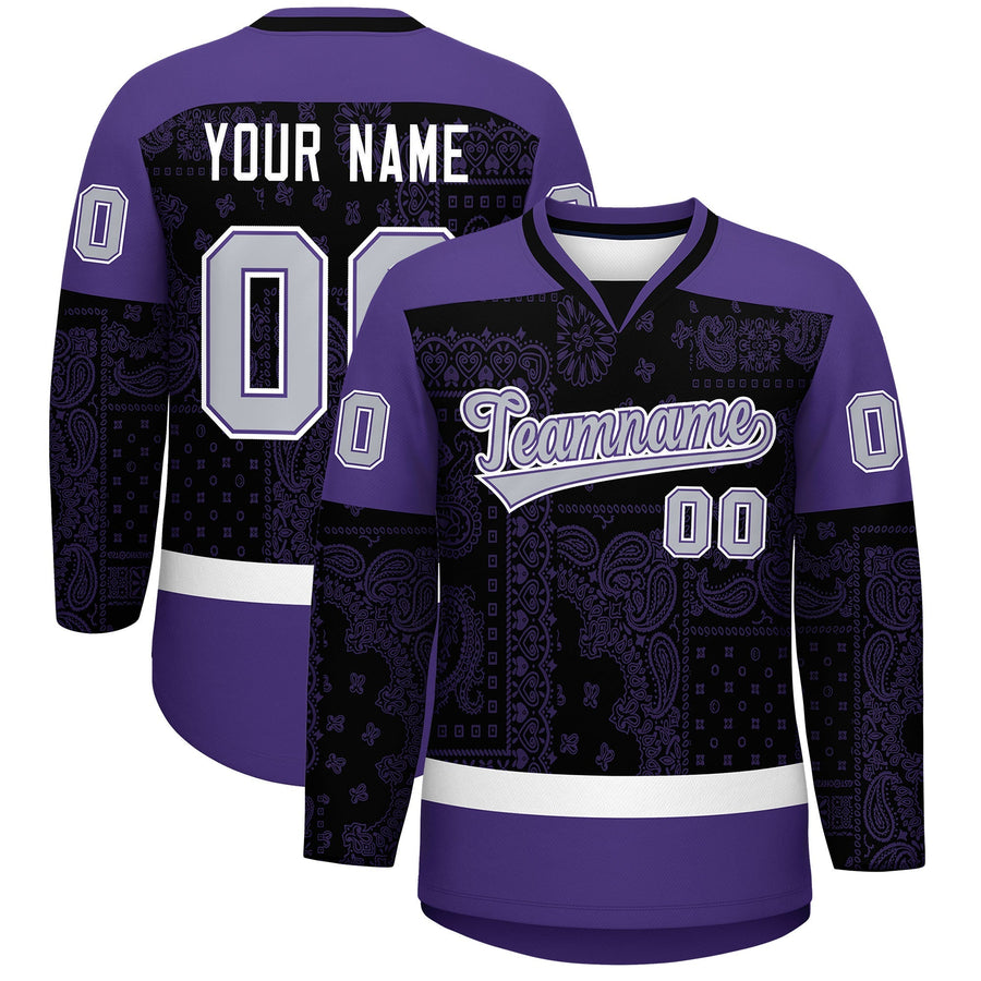 Custom Purple Black White Cashew Flower Graffiti Pattern V-Neck Hockey Jersey | BuyFootballJersey