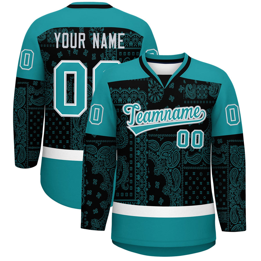 Custom Aqua Black White Cashew Flower Graffiti Pattern V-Neck Hockey Jersey | BuyFootballJersey