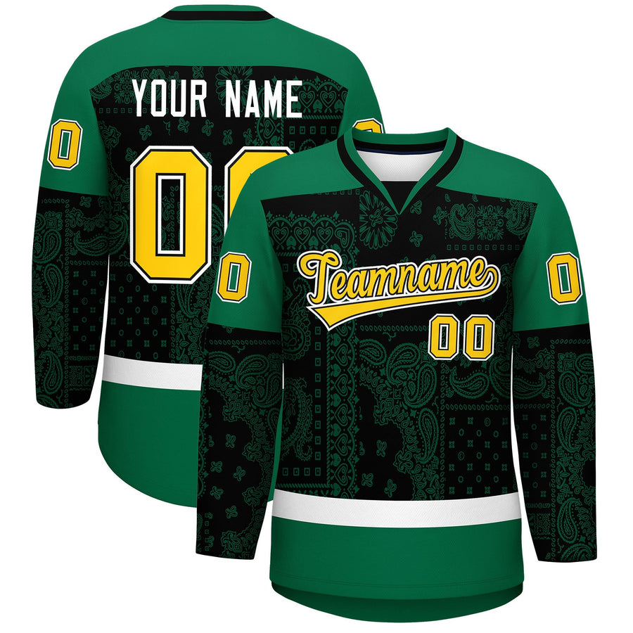 Custom Kelly Green Black White Cashew Flower Graffiti Pattern V-Neck Hockey Jersey | BuyFootballJersey