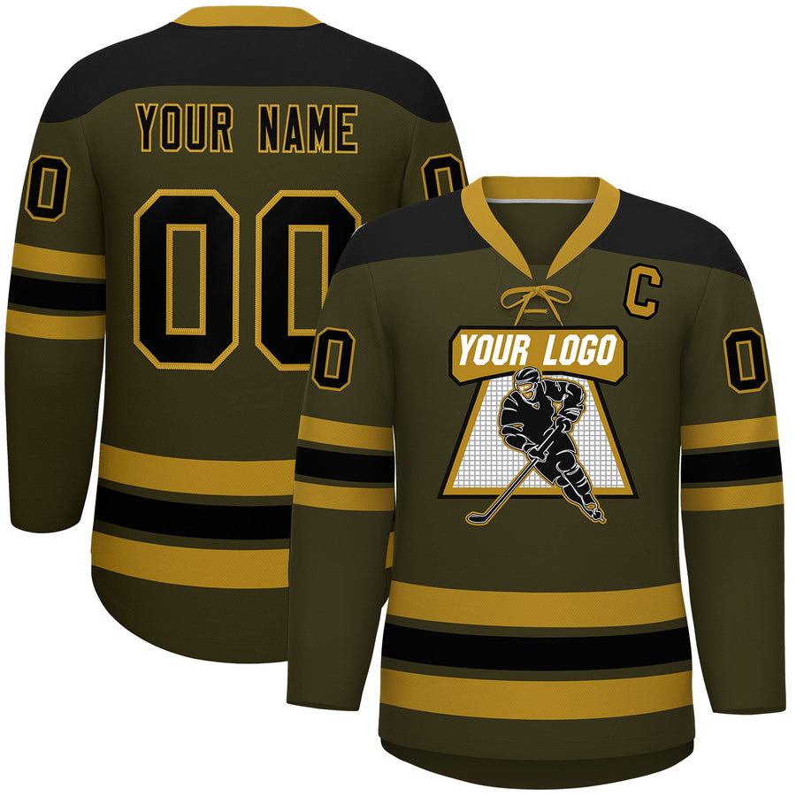Custom Olive Old Gold Black Personalized Classic Lace-Up Neck Hockey Jersey | BuyFootballJersey