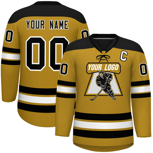 Custom Old Gold Black White Personalized Classic Lace-Up Neck Hockey Jersey | BuyFootballJersey