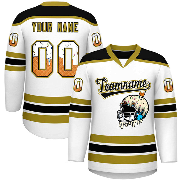 Custom White Old Gold Ice Cream Helmet Pattern Personalized V-Neck Hockey Jersey | BuyFootballJersey