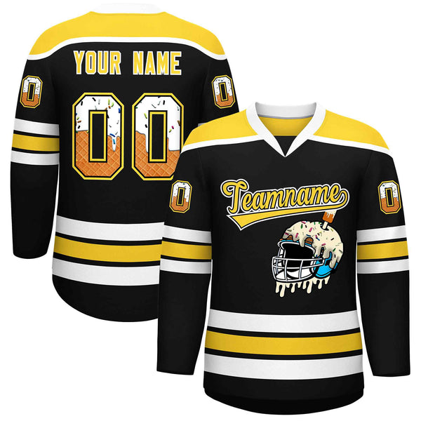Custom Black Gold Ice Cream Helmet Pattern Personalized V-Neck Hockey Jersey | BuyFootballJersey