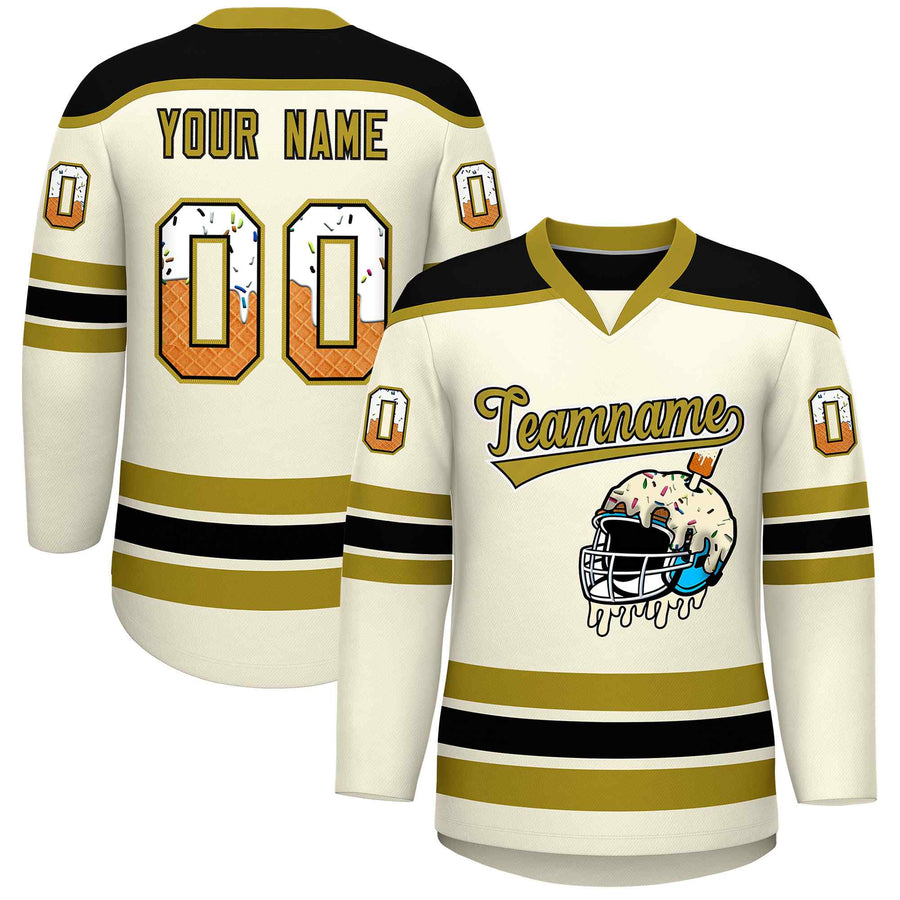 Custom Cream Old Gold Ice Cream Helmet Pattern Personalized V-Neck Hockey Jersey | BuyFootballJersey