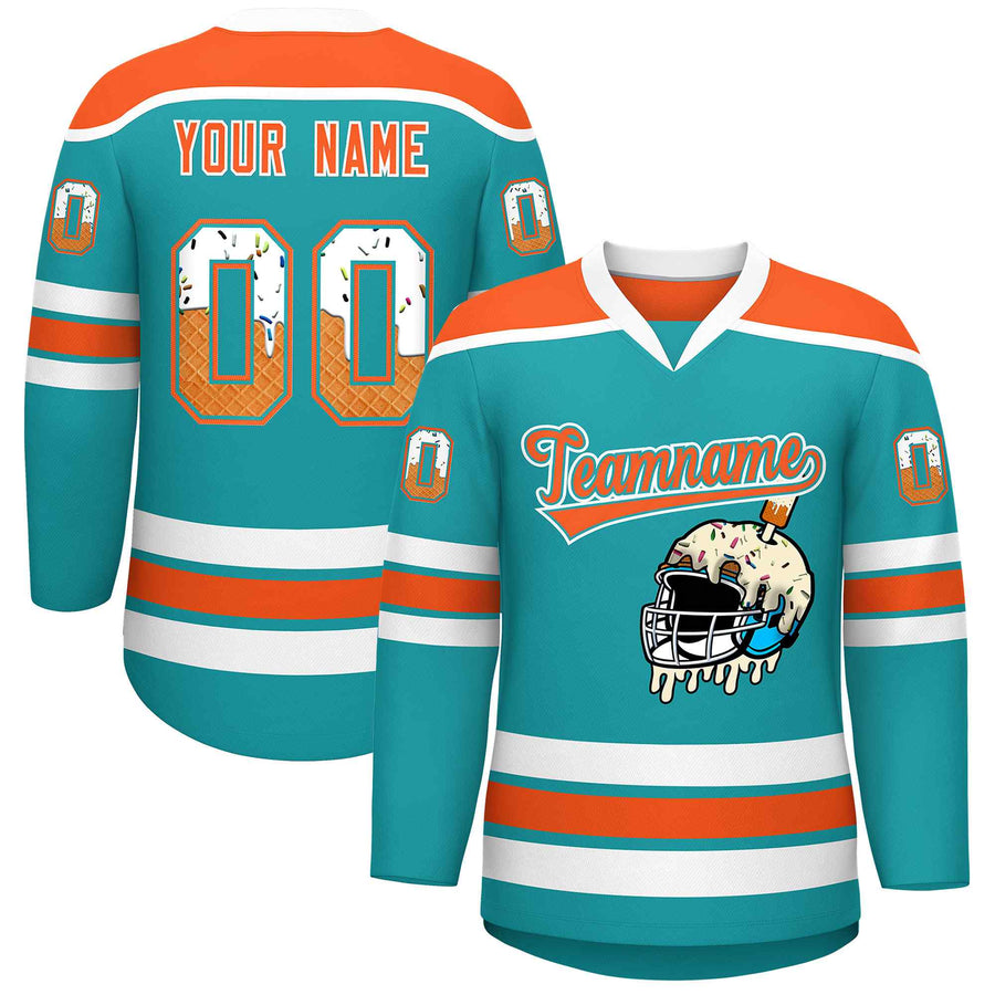 Custom Aqua Orange Ice Cream Helmet Pattern Personalized V-Neck Hockey Jersey | BuyFootballJersey