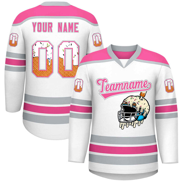 Custom White Pink Ice Cream Helmet Pattern Personalized V-Neck Hockey Jersey | BuyFootballJersey