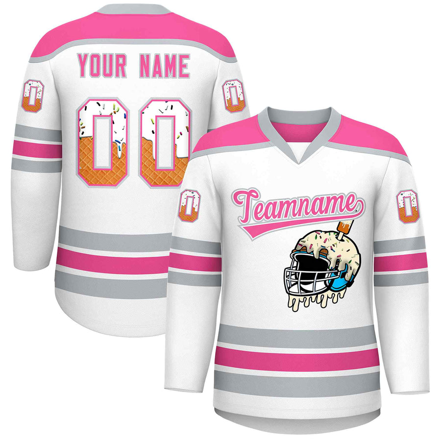 Custom White Pink Ice Cream Helmet Pattern Personalized V-Neck Hockey Jersey | BuyFootballJersey