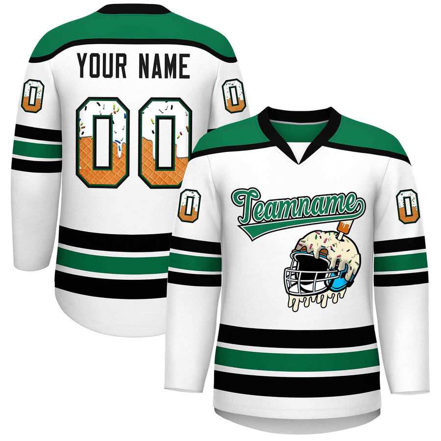Custom White Kelly Green Ice Cream Helmet Pattern Personalized V-Neck Hockey Jersey | BuyFootballJersey