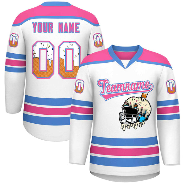 Custom White Pink Ice Cream Helmet Pattern Personalized V-Neck Hockey Jersey | BuyFootballJersey