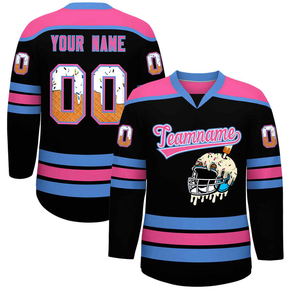 Custom Black Powder Blue Ice Cream Helmet Pattern Personalized V-Neck Hockey Jersey | BuyFootballJersey