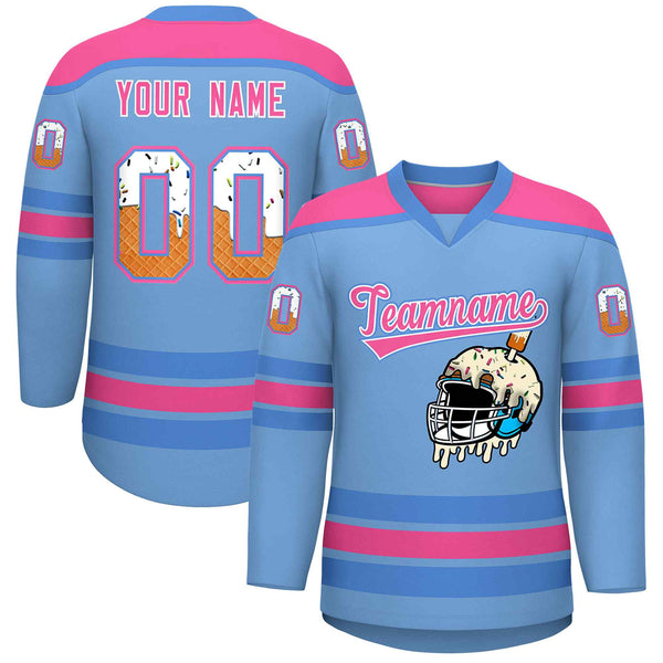 Custom Light Blue Pink Ice Cream Helmet Pattern Personalized V-Neck Hockey Jersey | BuyFootballJersey