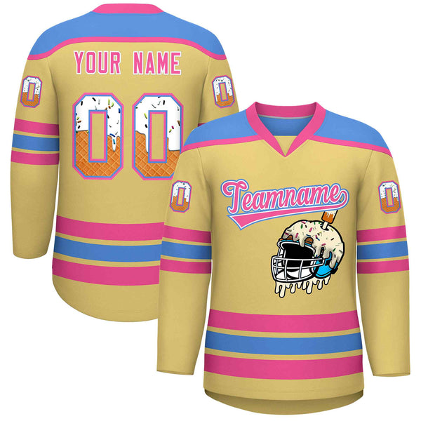 Custom Khaki Powder Blue Ice Cream Helmet Pattern Personalized V-Neck Hockey Jersey | BuyFootballJersey