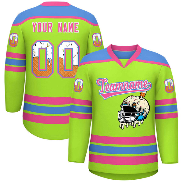 Custom Neon Green Powder Blue Ice Cream Helmet Pattern Personalized V-Neck Hockey Jersey | BuyFootballJersey