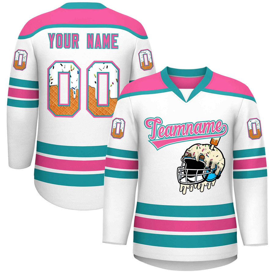 Custom White Pink Ice Cream Helmet Pattern Personalized V-Neck Hockey Jersey | BuyFootballJersey