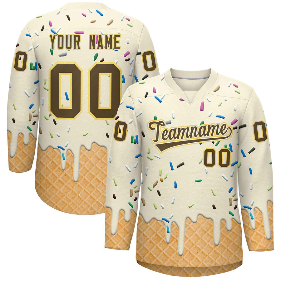 Custom Cream Light Brown Ice Cream Pattern Personalized V-Neck Hockey Jersey | BuyFootballJersey