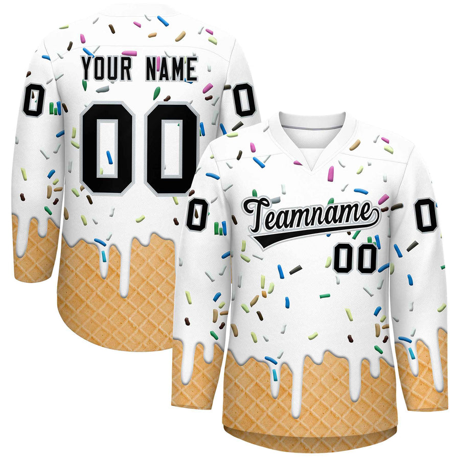 Custom White Black Ice Cream Pattern Personalized V-Neck Hockey Jersey | BuyFootballJersey