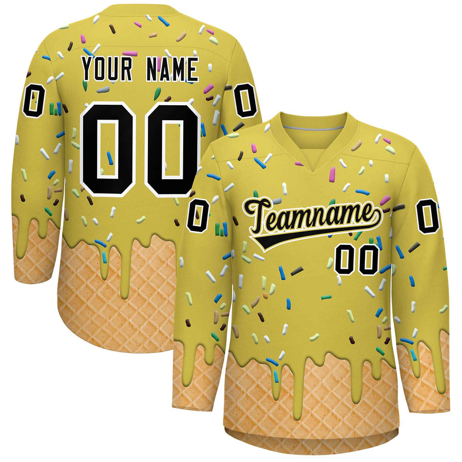 Custom Old Gold Black Ice Cream Pattern Personalized V-Neck Hockey Jersey | BuyFootballJersey