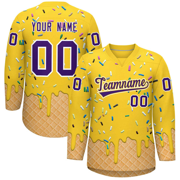 Custom Gold Purple Ice Cream Pattern Personalized V-Neck Hockey Jersey | BuyFootballJersey